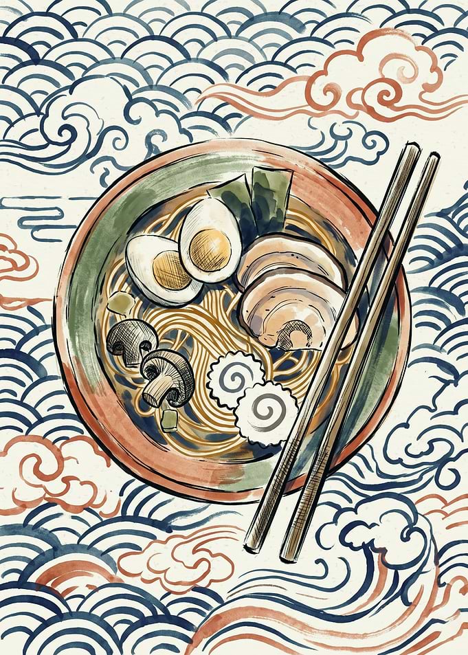Ramen Bowl Japanese Ukiyo E Art Print Noodles Soup Chopsticks Wave Pattern Poster
