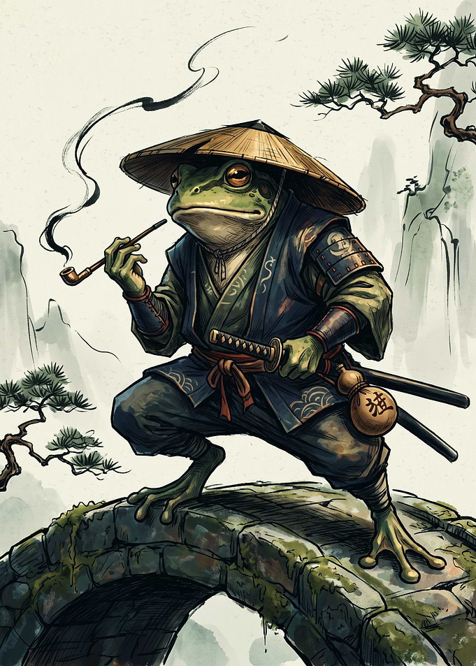 Samurai Frog Ukiyo E Art Japanese Ink Print Smoking Pipe Bridge Warrior Wall Poster
