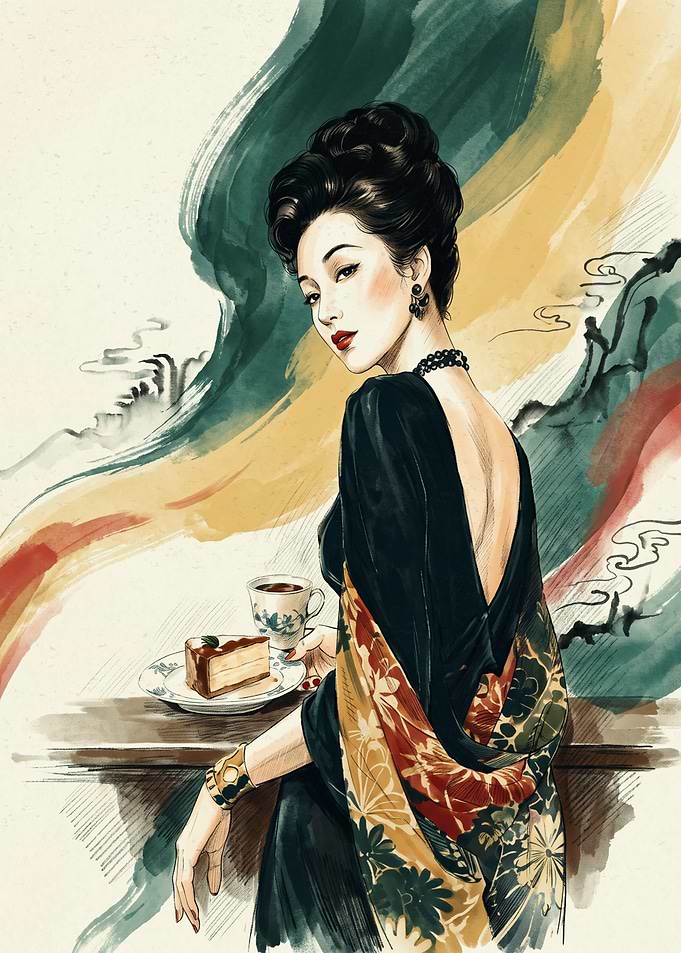 Vintage Woman Watercolor Art Print Retro Fashion Coffee And Cake Elegant Lady Poster