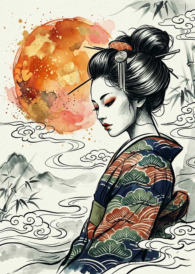 Geisha Kimono Japanese Watercolor Ink Art Red Sun Bamboo Clouds Aesthetic Poster