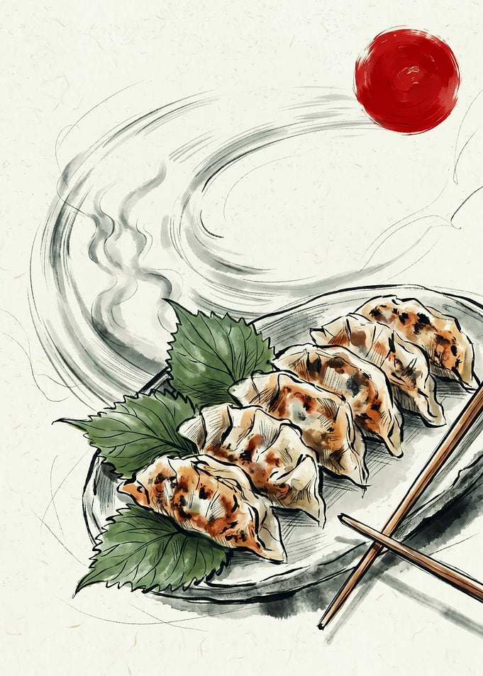 Gyoza Dumplings Japanese Food Sumi E Art Print Red Sun Kitchen Wall Decor Poster