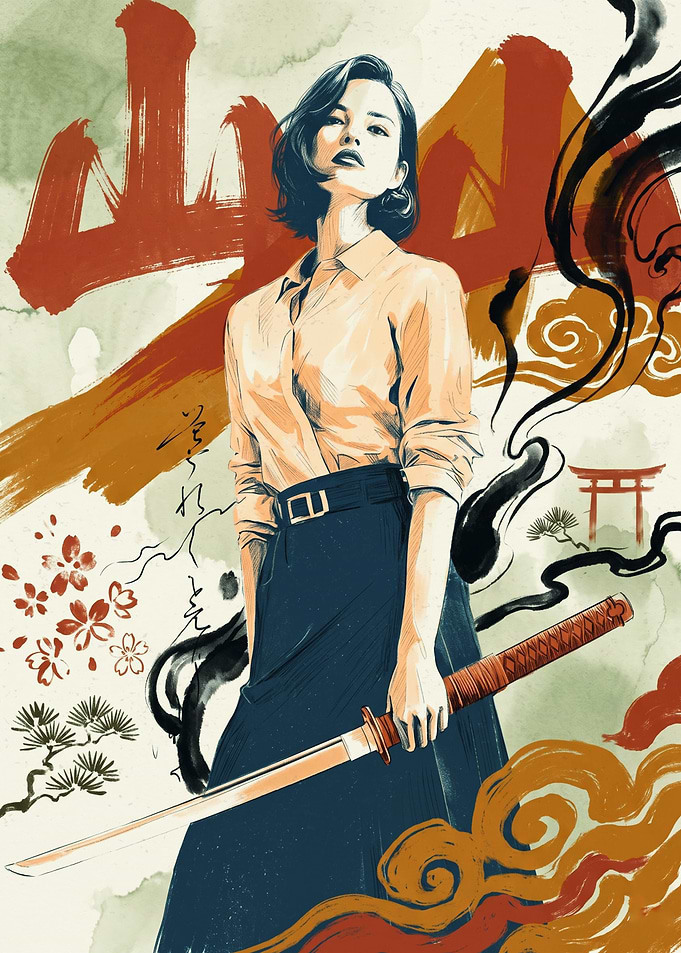 Samurai Woman Japanese Ink Art Print Asian Warrior Aesthetic Home Decor Poster