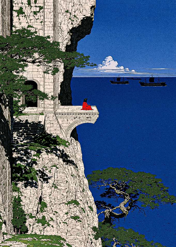 Solitary Figure on Cliffside Balcony