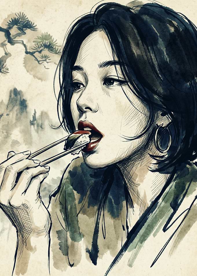 Asian Woman Eating Sushi Japanese Ink Wash Painting Asian Food Lover Aesthetic Poster