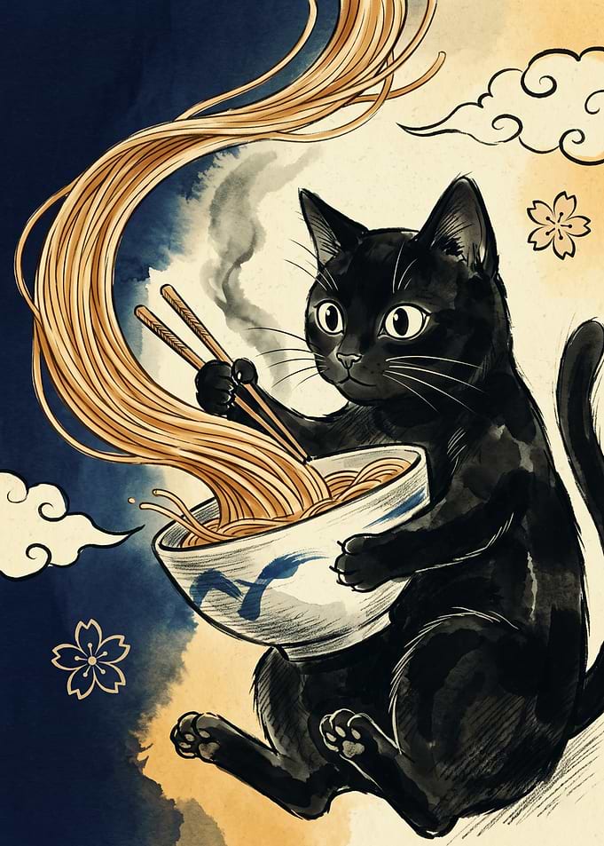 Black Cat Eating Ramen Ukiyo E Art Japanese Noodle Bowl Print Cute Animal Wall Decor
