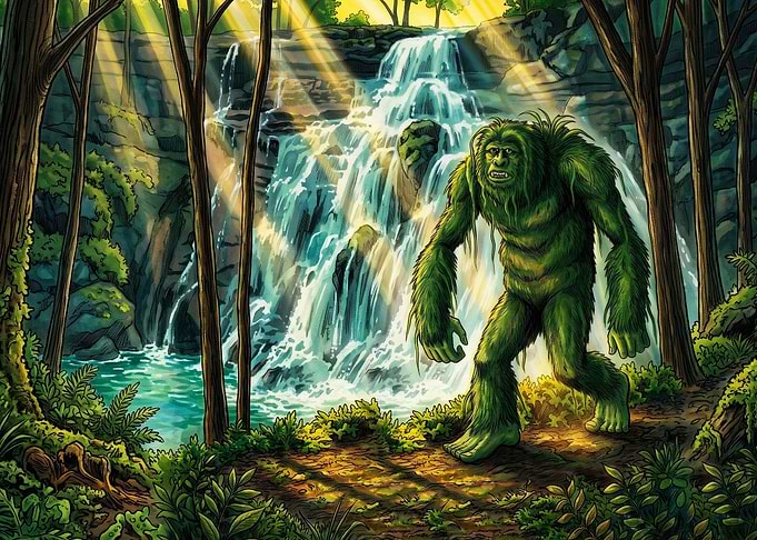 Green Bigfoot in Forest Waterfall