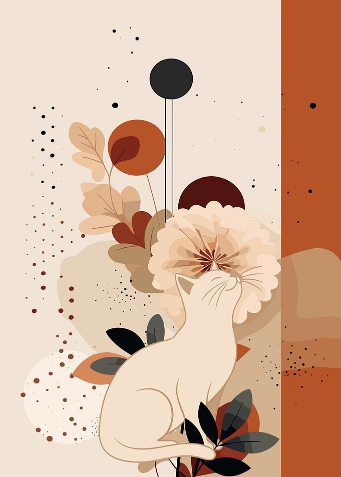 Minimalist Cat and Floral Illustration