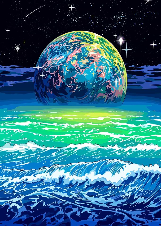 Surreal Planet Over Neon Ocean