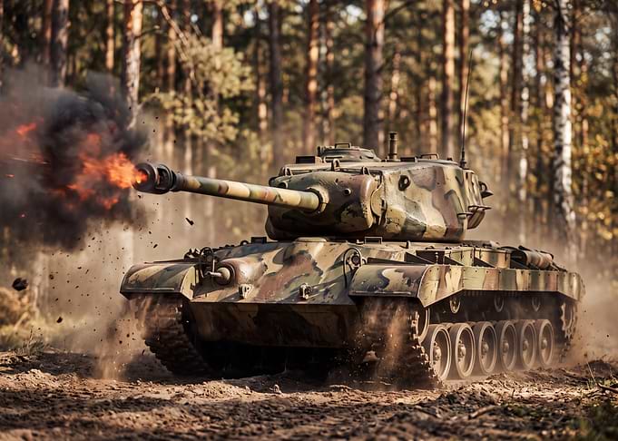 Camouflaged Tank Firing in Forest