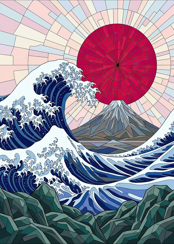 Stained Glass Great Wave and Fuji