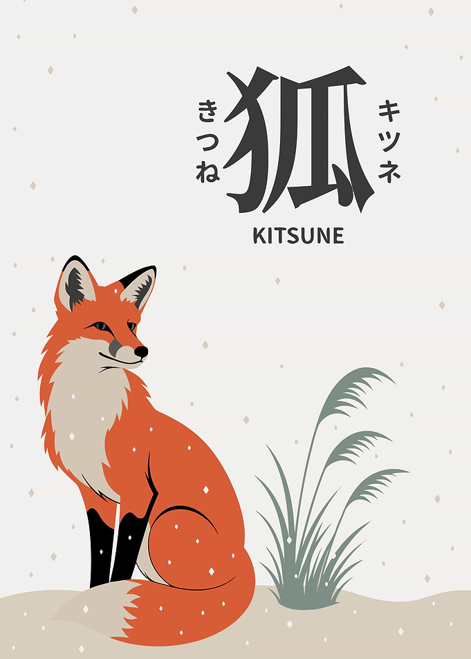 Kitsune Fox — Kanji, Hiragana, Katakana & Romaji Japanese Word Art
