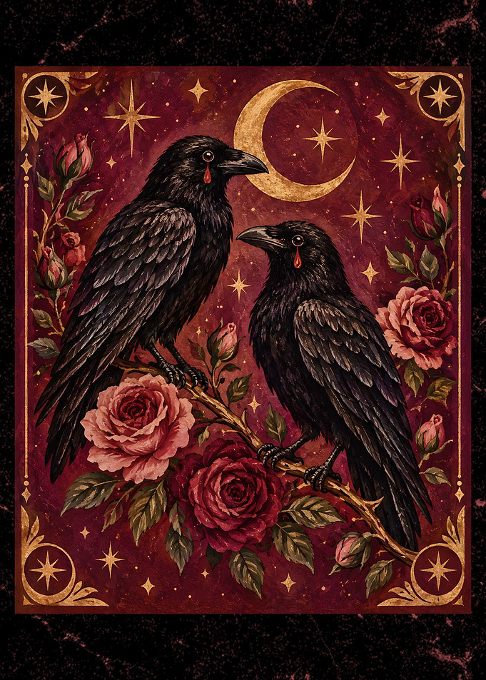 Two Crying Ravens with Red Roses