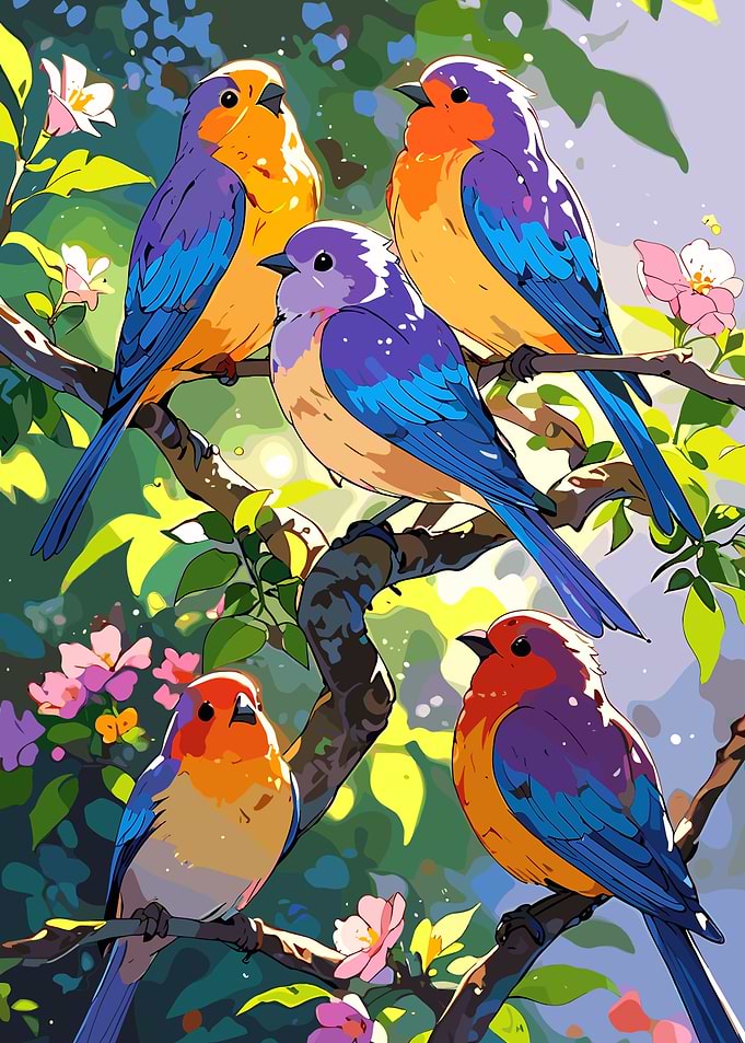Colorful Birds Perched on Flowering Branches