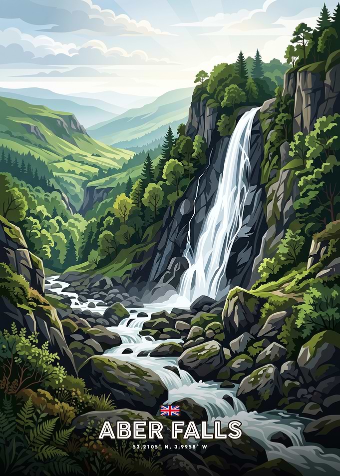 Aber Falls Wales Travel Poster