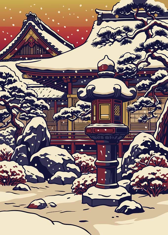 Snowy Japanese Temple Garden Scene
