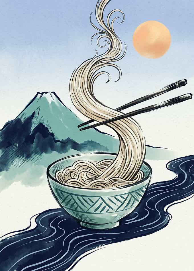 Ramen Noodle Bowl Japanese Art Print Mount Fuji Landscape Ukiyo E Aesthetic Poster