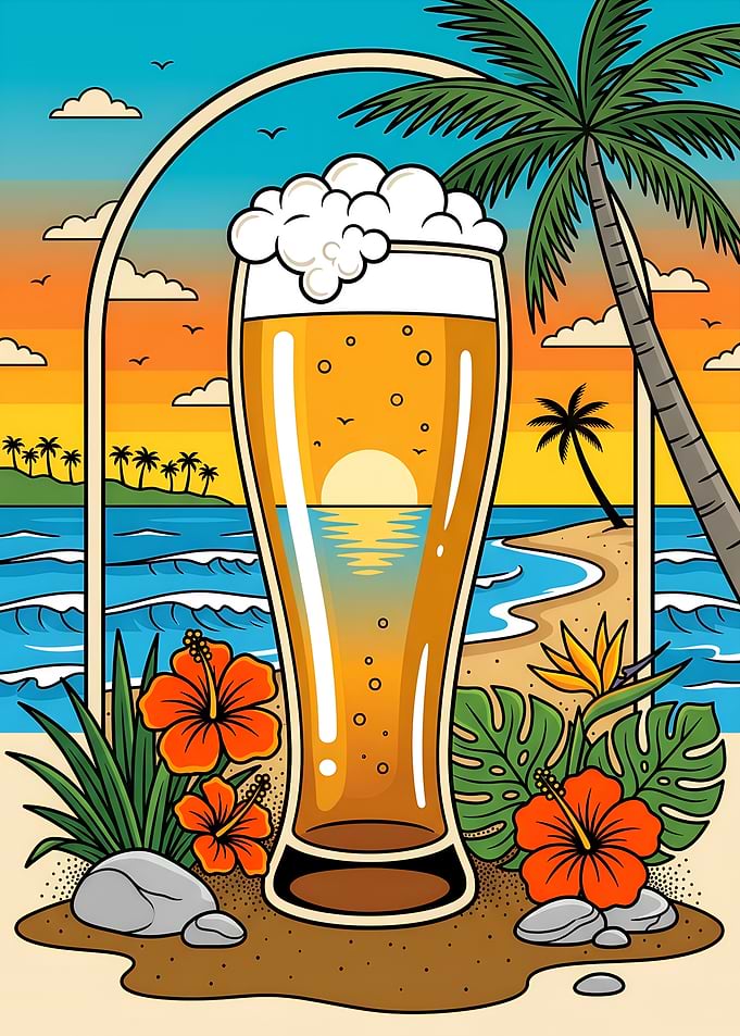 Tropical Sea Beach Sunset Beer in Glass