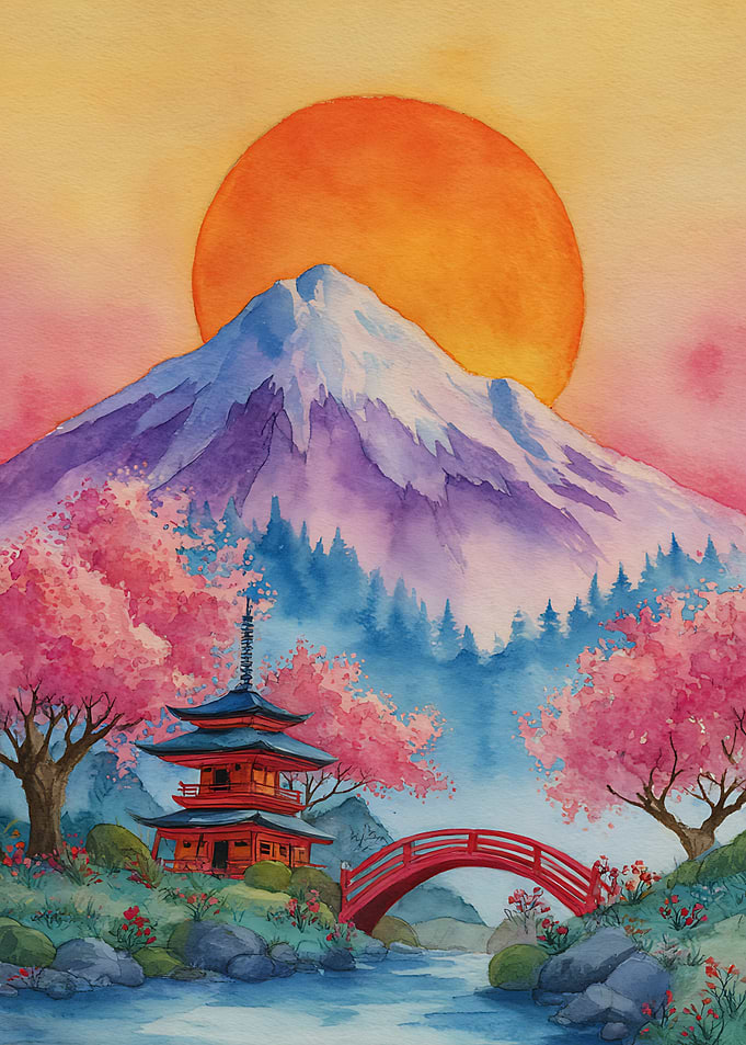 Watercolor Mount Fuji and Pagoda Landscape