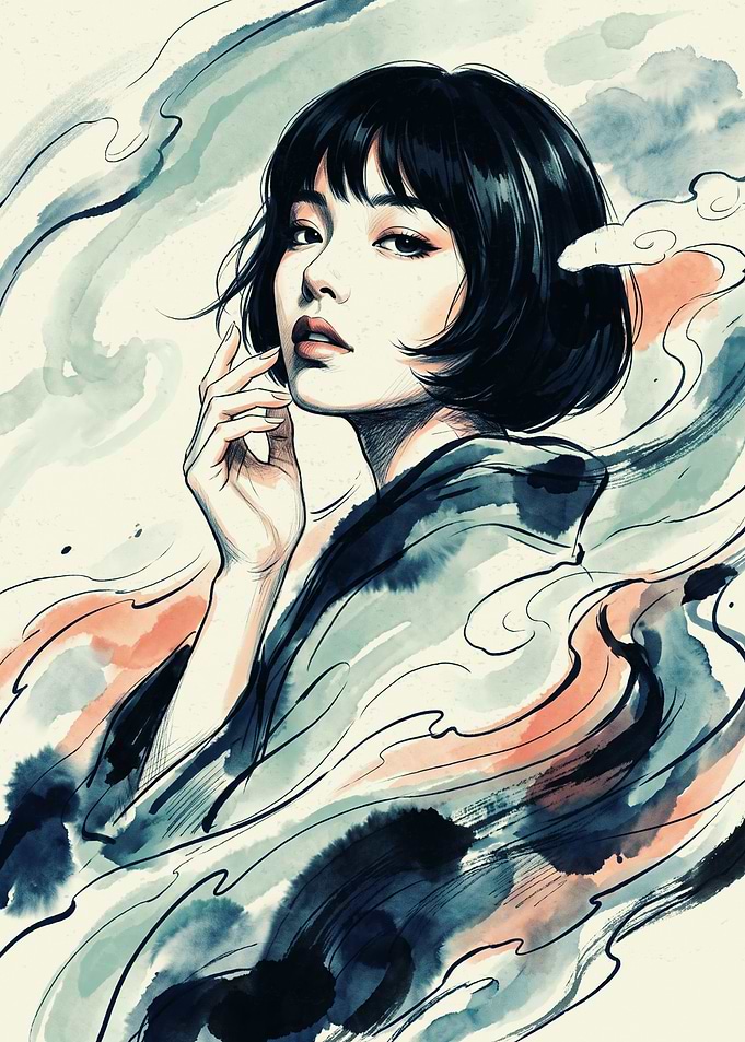Asian Girl Kimono Japanese Watercolor Ink Art Abstract Flowing Smoke Aesthetic Poster