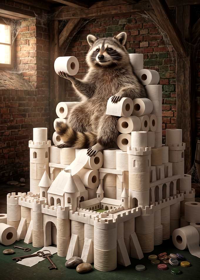 Raccoon King on Toilet Paper Throne