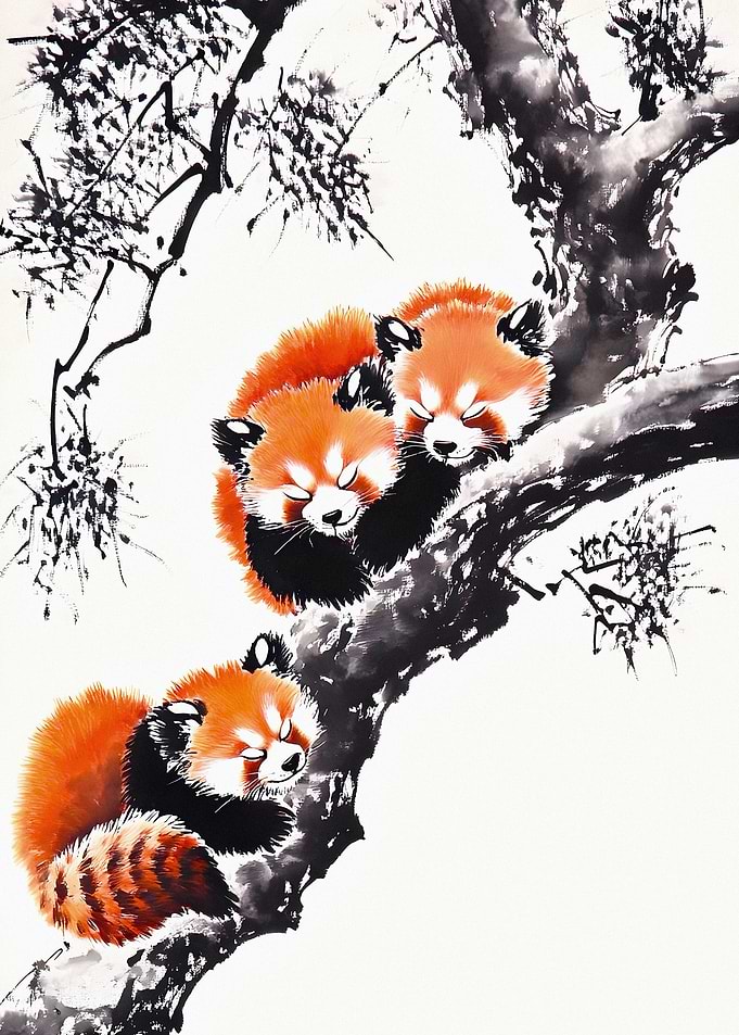 Three Sleeping Red Pandas Ink Painting