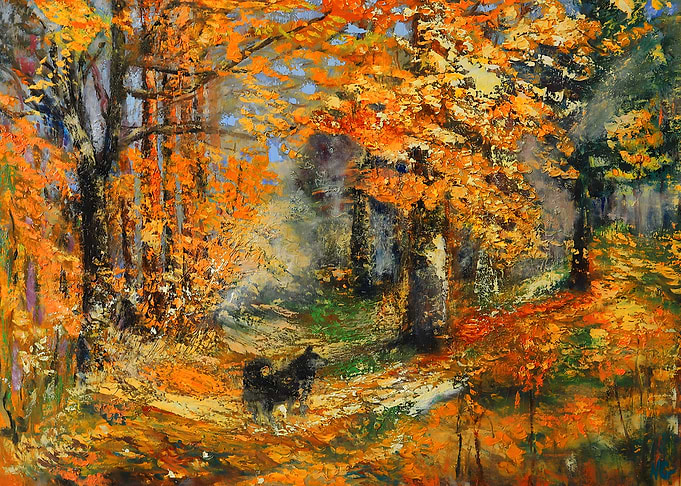 Autumn Forest Path with Dog