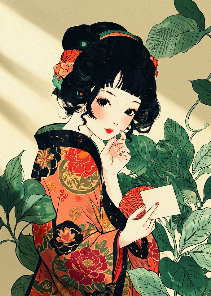Geisha Kimono Japanese Art Print Vintage Botanical Floral Foliage Aesthetic Poster