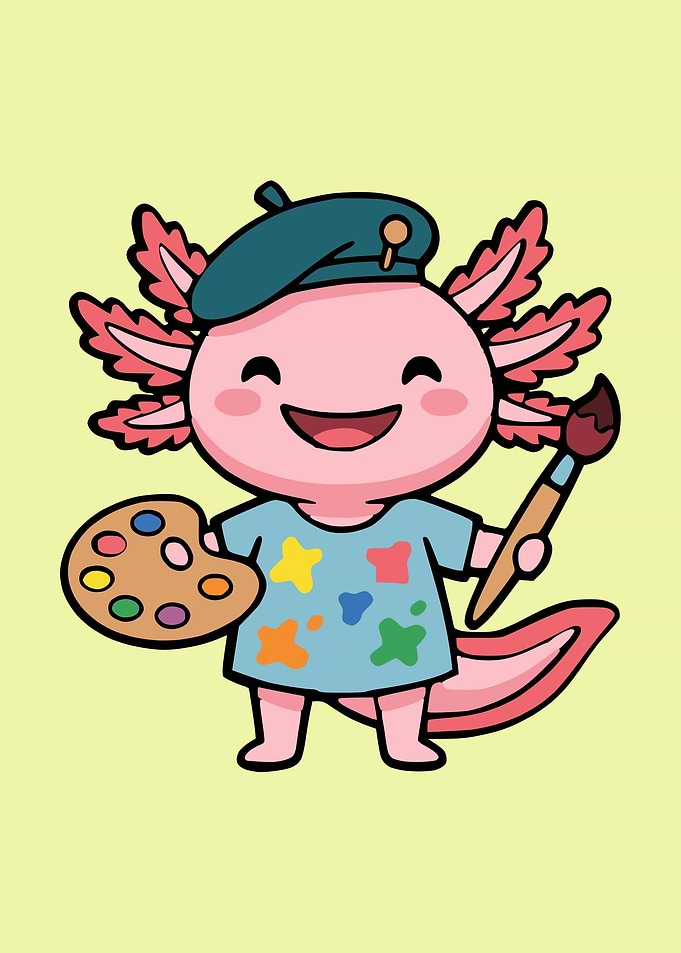 Cute Artist Axolotl Cartoon Illustration