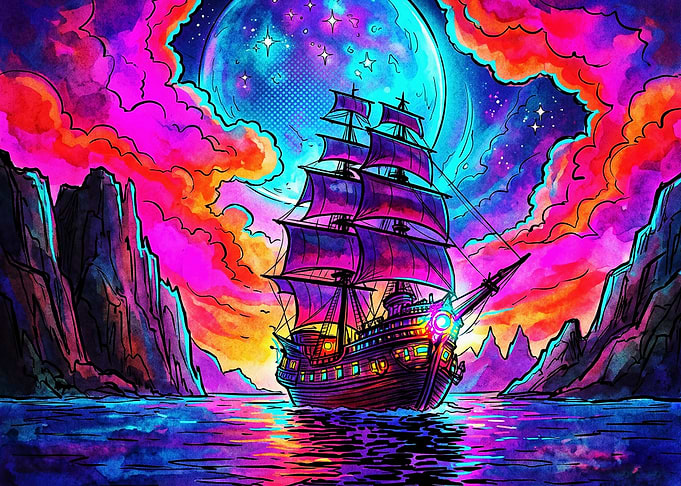 Psychedelic Sailing Ship at Night