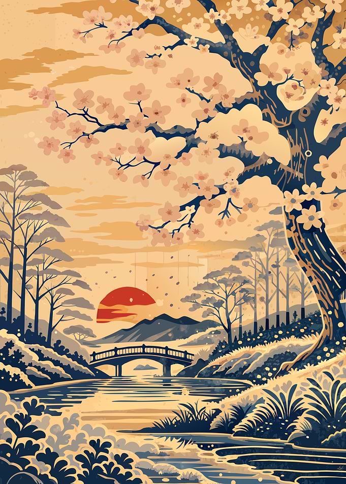 Japanese Cherry Blossom Landscape Illustration