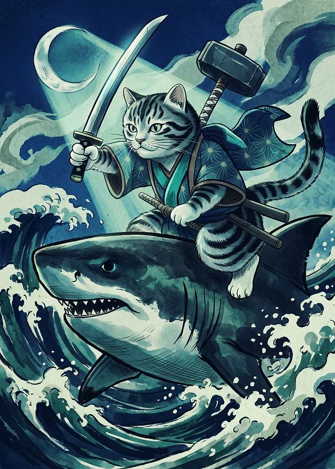 Samurai Cat Shark Japanese Ukiyo E Art Print Ocean Waves Moonlight Warrior Poster