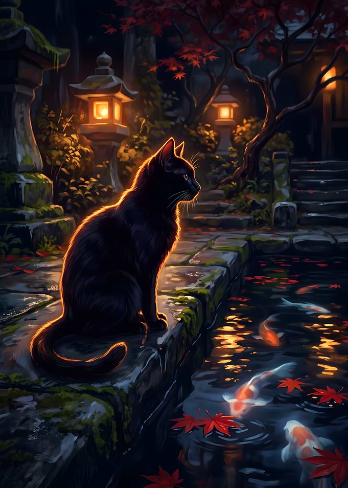 Black Cat by Japanese Garden Pond