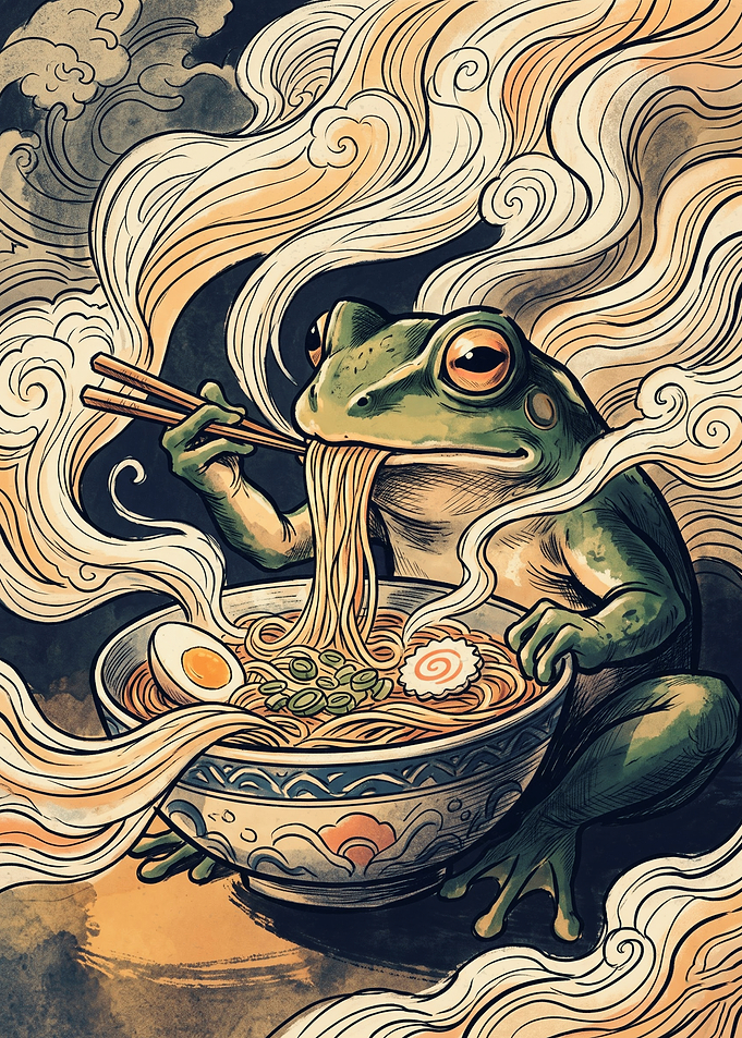 Frog Ramen Japanese Ukiyo E Art Print Steaming Noodles Bowl Asian Food Poster
