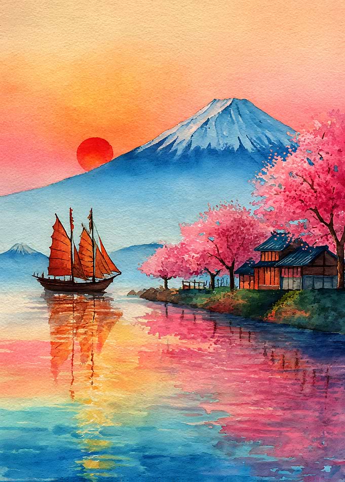Watercolor Mount Fuji and Junk Boat