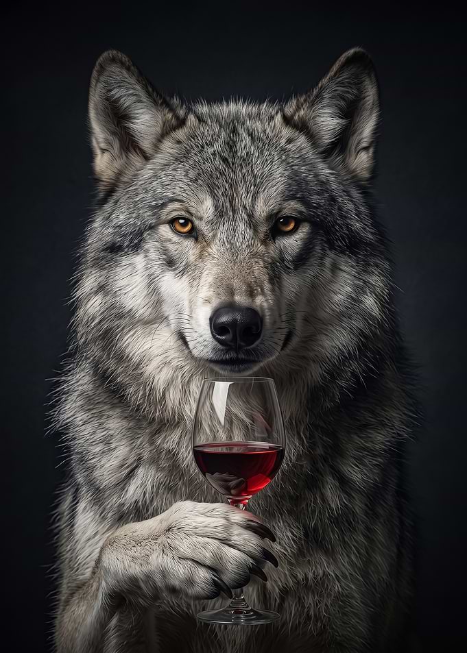 gray Wolf Holding Wine Glass poster