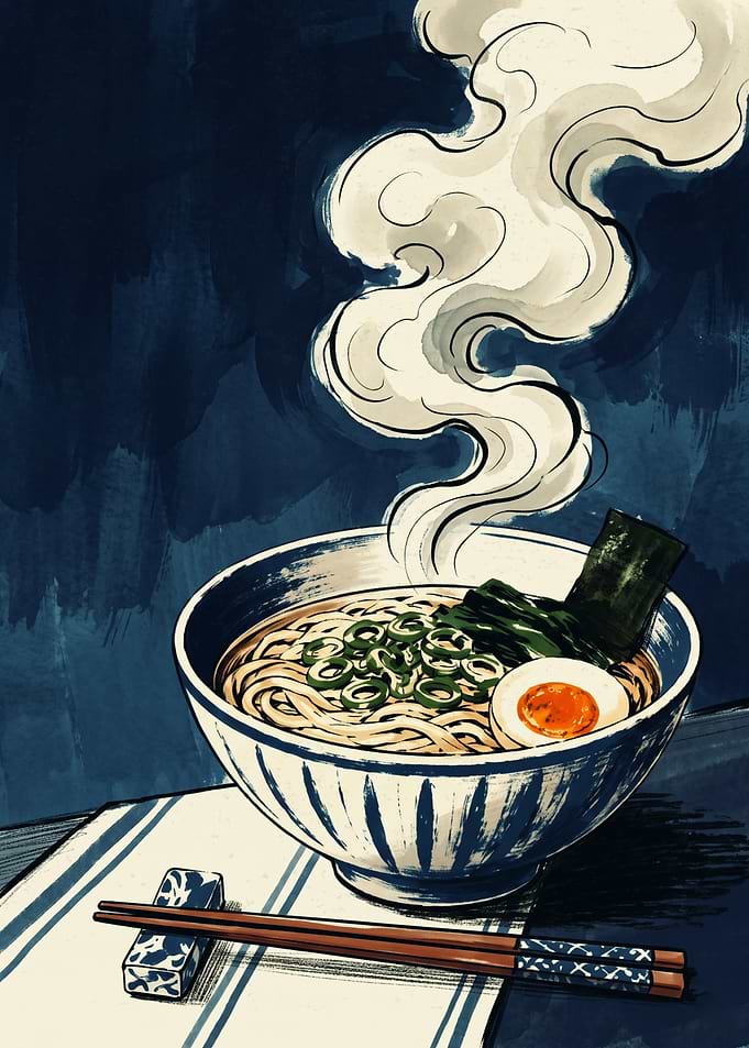 Ramen Bowl Japanese Ukiyo E Art Print Steaming Noodles Foodie Aesthetic Kitchen Poster