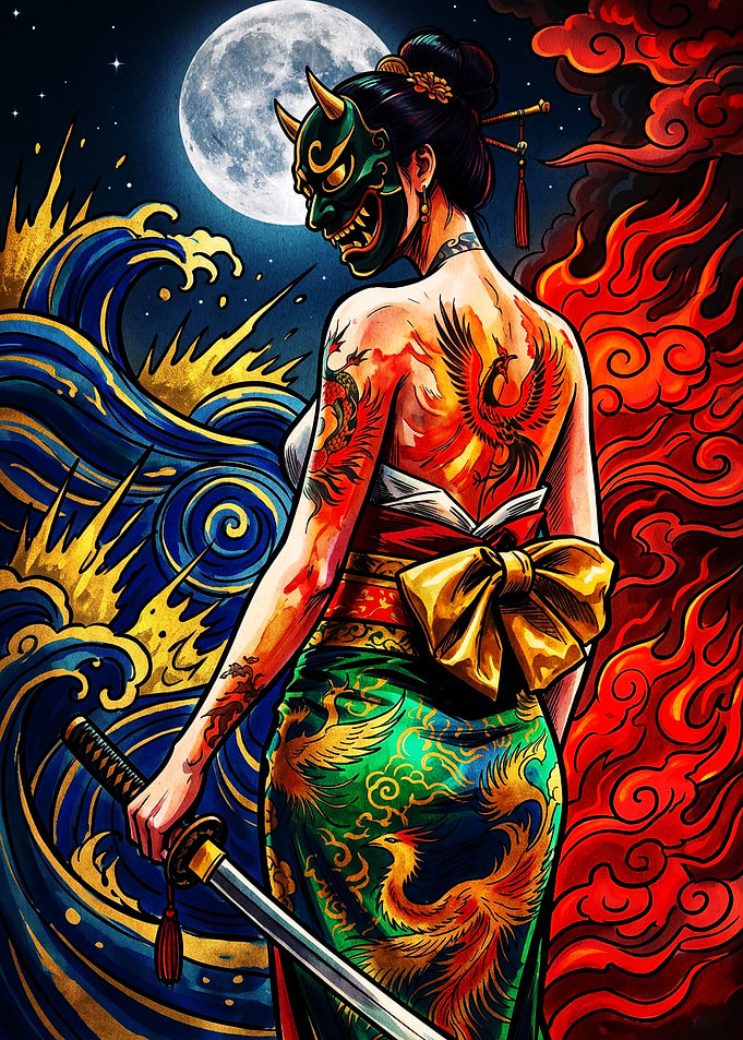 Oni Mask Samurai Woman with Phoenix