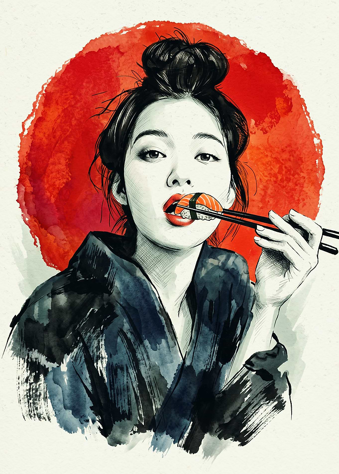 Japanese Woman Sushi Art Watercolor Ink Sketch Red Sun Asian Food Lover Poster