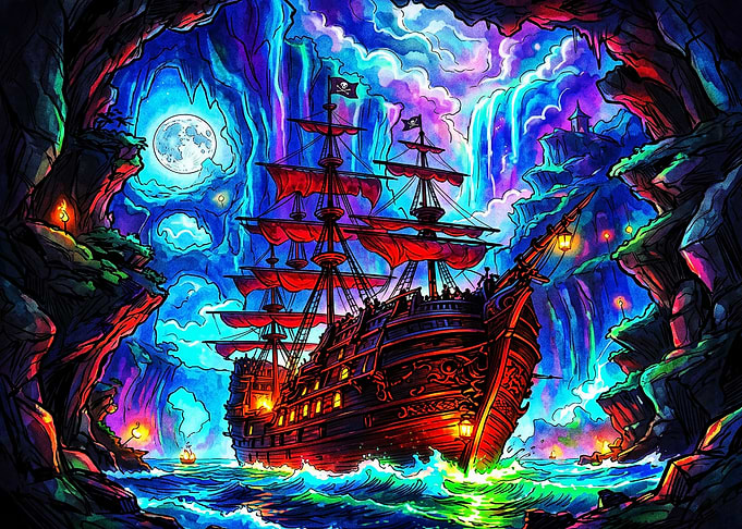 Psychedelic Pirate Ship in Glowing Cave