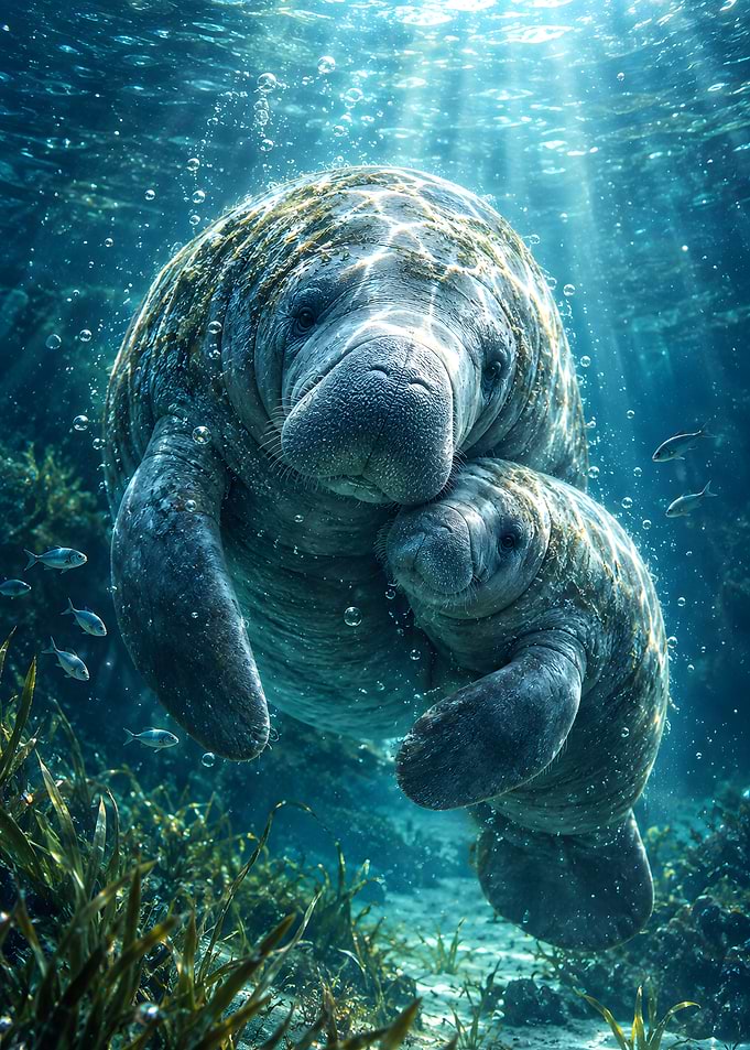 Mother Manatee and Calf Underwater
