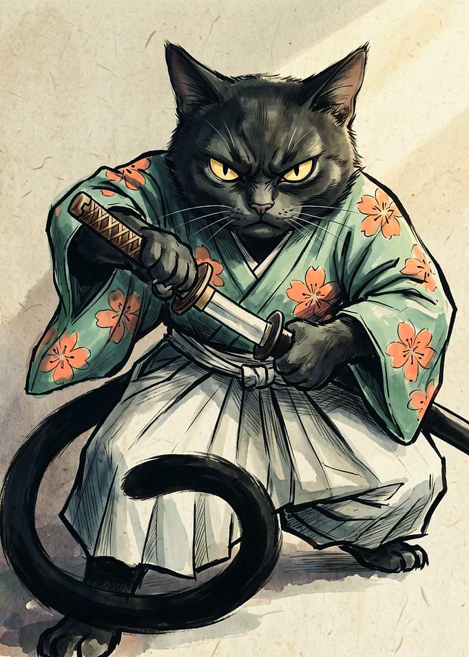 Samurai Cat Kimono Japanese Ukiyo E Art Cherry Blossom Print Wall Decor Poster