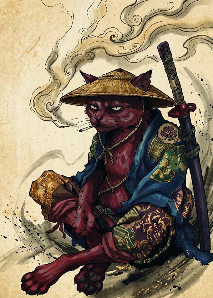 Samurai Cat Ukiyo E Art Japanese Ronin Smoking Tobacco Vintage Wall Poster Print