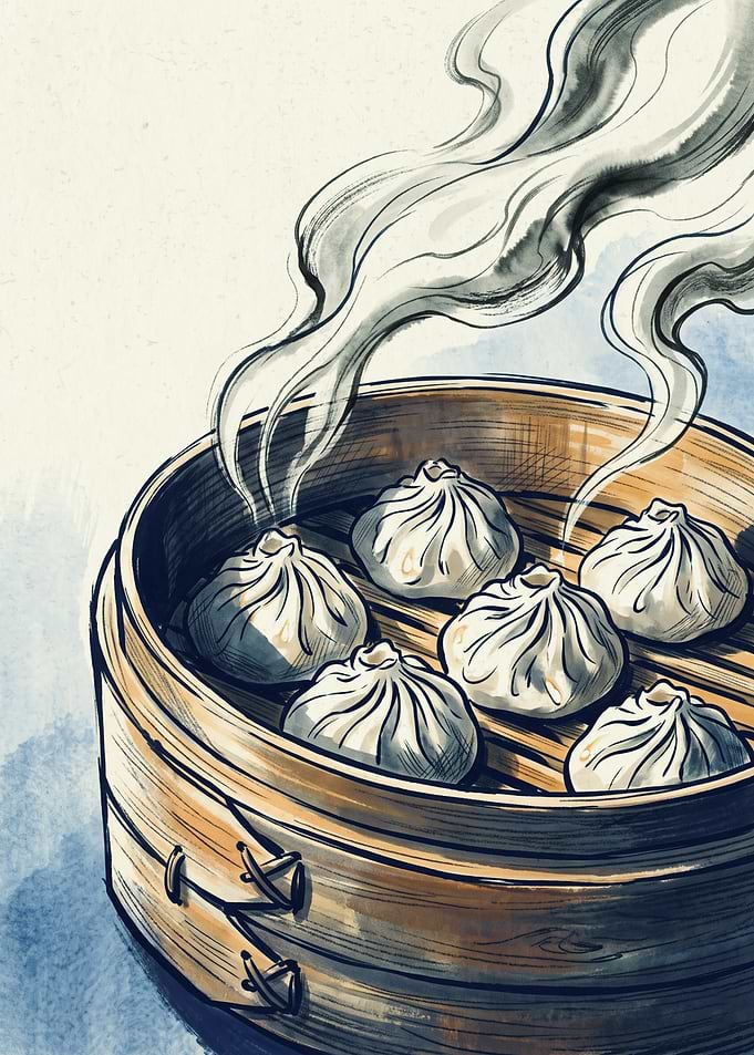 Steamed Dumpling Bamboo Steamer Chinese Food Watercolor Ink Art Print Kitchen Decor