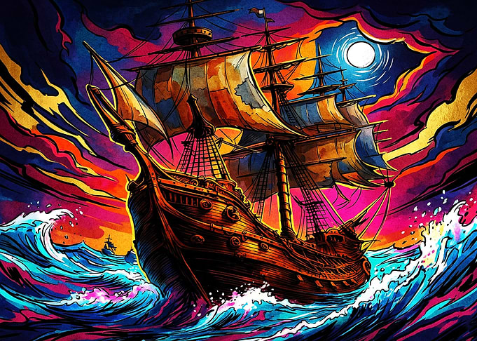 Vibrant Psychedelic Sailing Ship at Sea