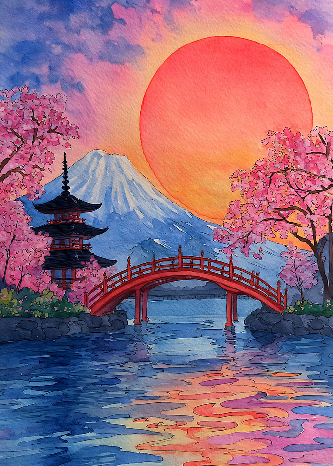 Mount Fuji and Pagoda Sunset