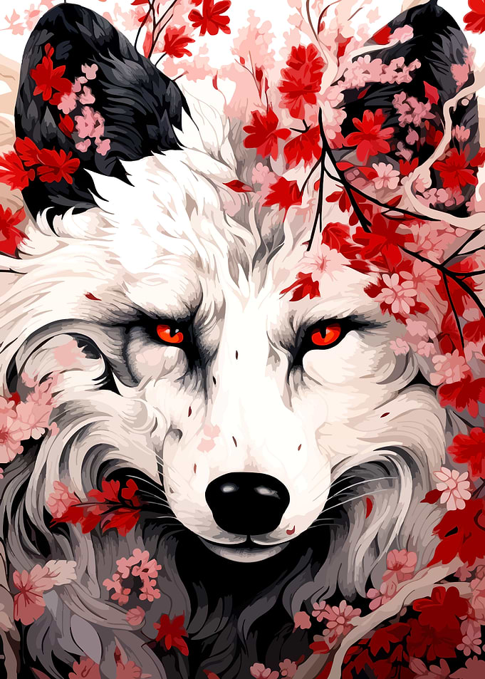 Wolf Portrait with Red Maple Leaves
