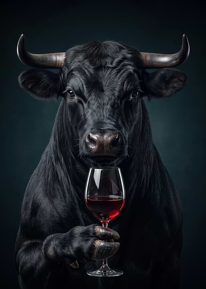 Sophisticated Black Bull Drinking Wine poster