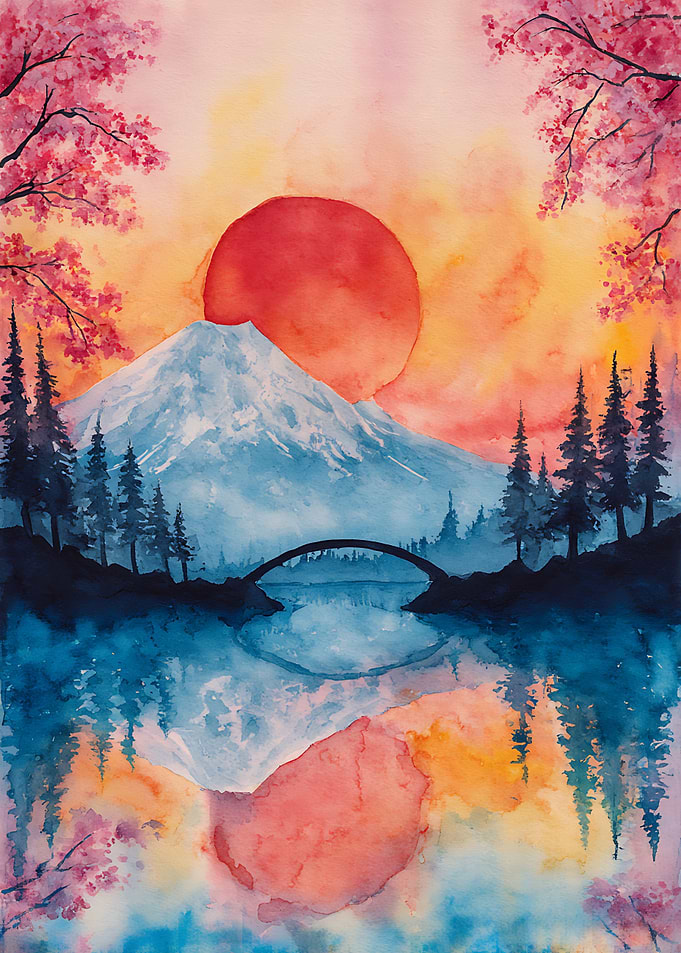 Watercolor Mount Fuji Sunset Landscape