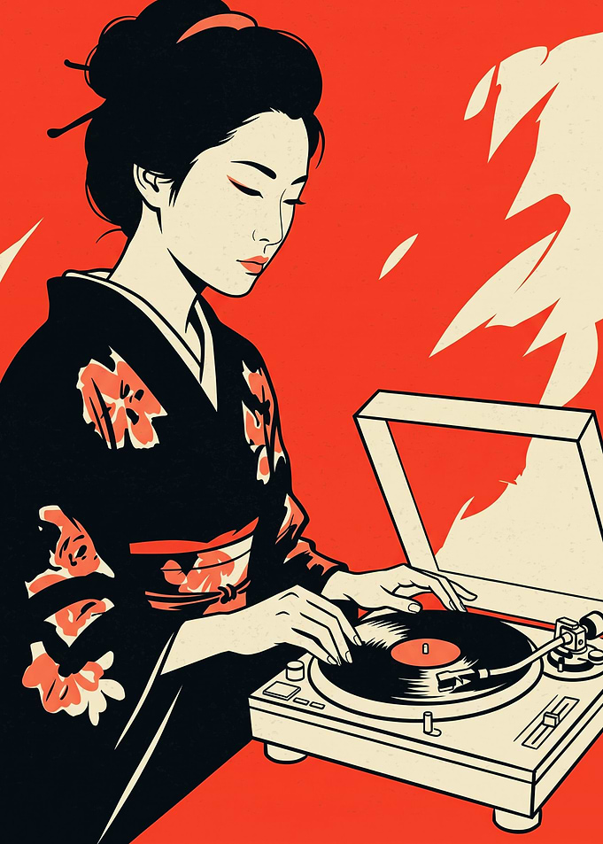 Geisha Dj Kimono Japanese Retro Art Print Vinyl Turntable Music Red Aesthetic Poster