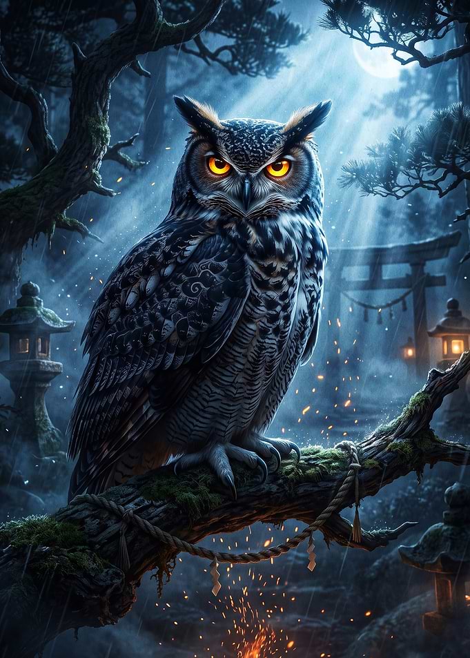 Owl Forest Night Japanese Fantasy